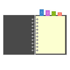 Image showing Blank notebook with colorful information bookmarks