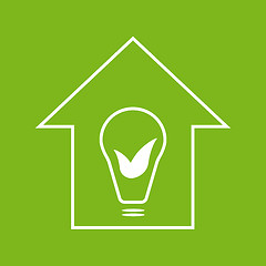 Image showing Eco house with bulb and leaves. White on green