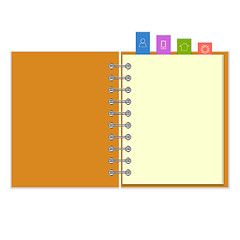 Image showing Blank notebook with colorful information bookmarks