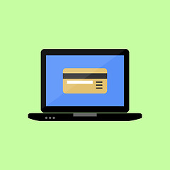 Image showing Flat style laptop with bank card