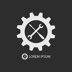 Image showing White gear wheel and tools as logo on dark grey background