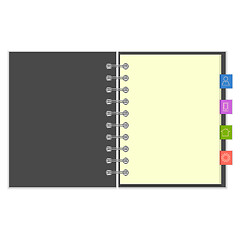 Image showing Blank notebook with colorful information bookmarks