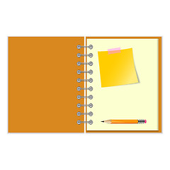 Image showing Open notebook with yellow sticker and pencil