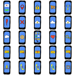 Image showing Set of doodle phones with different functions