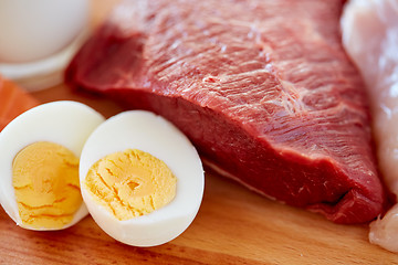 Image showing close up of red meat fillets and boiled eggs