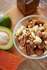 Image showing close up of nut mix in glass bowl on table