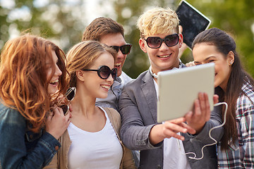 Image showing students or teenagers with tablet pc taking selfie