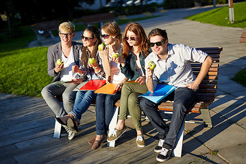 Image showing group of happy students eating green apples