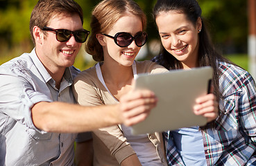 Image showing students or teenagers with tablet pc taking selfie