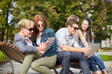 Image showing students or teenagers with tablet pc taking selfie