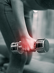 Image showing close up of woman with dumbbell exercising in gym