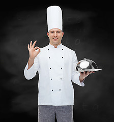 Image showing happy male chef cook with cloche showing ok sign