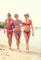 Image showing group of smiling young women on beach