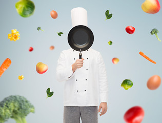 Image showing male chef cook covering face with frying pan