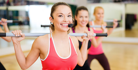 Image showing group of smiling people working out with barbells