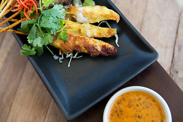 Image showing close up of deep-fried asian snacks on plate