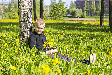 Image showing Ten year boy sits under birch