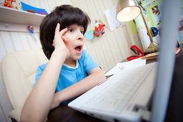 Image showing Surprised boy looking at a computer monitor