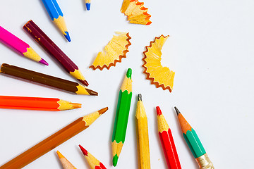 Image showing set of a vintage colored pencils with shavings