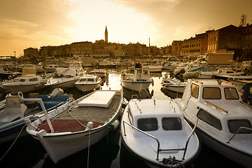 Image showing Boats in marina of Rovinj at sunset