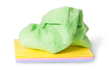 Image showing Multicolored stack cleaning cloths crumpled on top