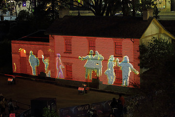 Image showing Cadmans Cottage in lights Vivid Sydney