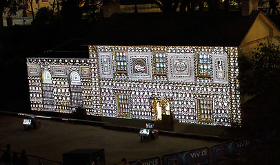 Image showing Cadmans Cottage in lights for Vivid Sydney