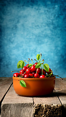 Image showing Cherries in brown plate