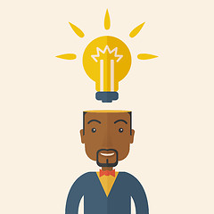 Image showing Black businessman with bulb on his head.