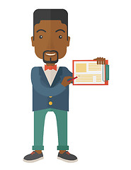 Image showing Handsome black guy holding clipboard.