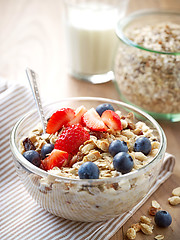 Image showing healthy breakfast, bowl of muesli with milk