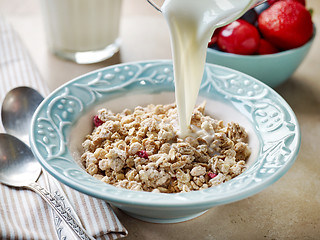 Image showing pouring milk in a plate of granola