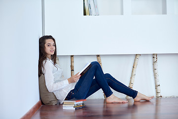 Image showing relaxed young woman at home working on laptop computer