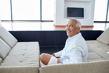 Image showing Portrait of senior man relaxing in sofa