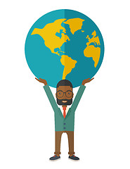 Image showing Black Businessman carrying big globe.