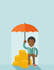 Image showing African-american businessman with umbrella as protection for his investment.