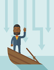 Image showing Failure black businessman standing on a sinking boat.