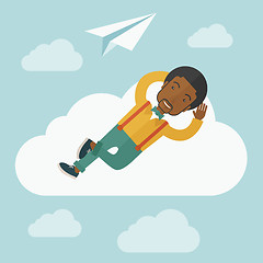 Image showing Black man lying on a cloud with paper plane.
