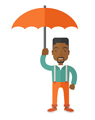 Image showing African-american businessman with umbrella as protection.