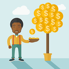 Image showing Successful African businessman standing while catching a dollar coin from money tree.
