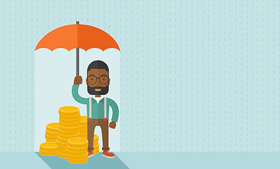 Image showing African-american businessman with umbrella as protection for his investment.