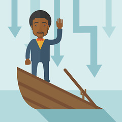 Image showing Failure black businessman standing on a sinking boat.