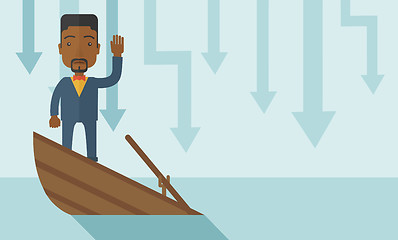 Image showing Failure black businessman standing on a sinking boat.