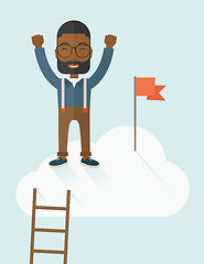 Image showing Black man standing on the top of cloud with red flag.