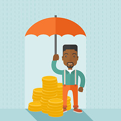Image showing African-american businessman with umbrella as protection for his investment.