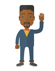 Image showing Failure black businessman standing waving his hand.