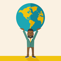 Image showing Black Businessman carrying big globe.