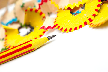 Image showing colored pencils and shavings. still life