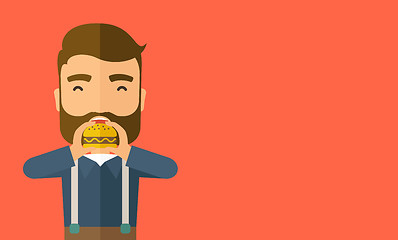 Image showing Man happy eating hamburger.