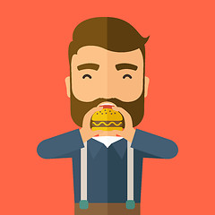 Image showing Man happy eating hamburger.